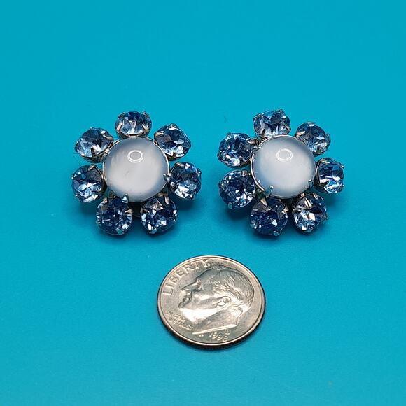 Vintage Light Blue Rhinestone Clip Earrings, Faux Moonstone, Silver Tone - Picture 9 of 11